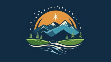 Scenic Landscape with Mountains, River, Pine Trees and Starry Sky in Vibrant Colors