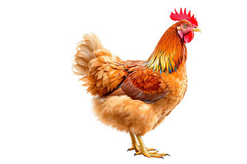 Fototapeta premium A majestic hen, feathers ablaze with sunset hues, stands proudly against a stark white backdrop, a symbol of rural life and natural beauty.