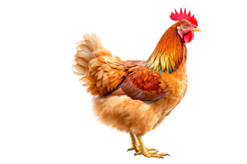 A majestic hen, feathers ablaze with sunset hues, stands proudly against a stark white backdrop, a symbol of rural life and natural beauty.