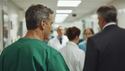 Fototapeta premium Healthcare management meeting business workers in action hospital corridor professional environment engaged viewpoint