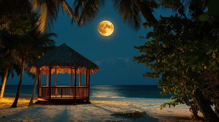 Tropical beach gazebo at night under a full moon