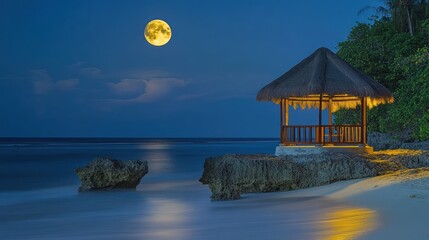 Tranquil moonlit beach gazebo