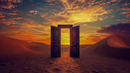 The doors create an opening into another world with sand