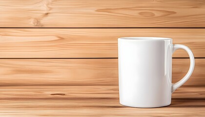 A blank white mug sits on a light brown wooden surface against a wood paneled background