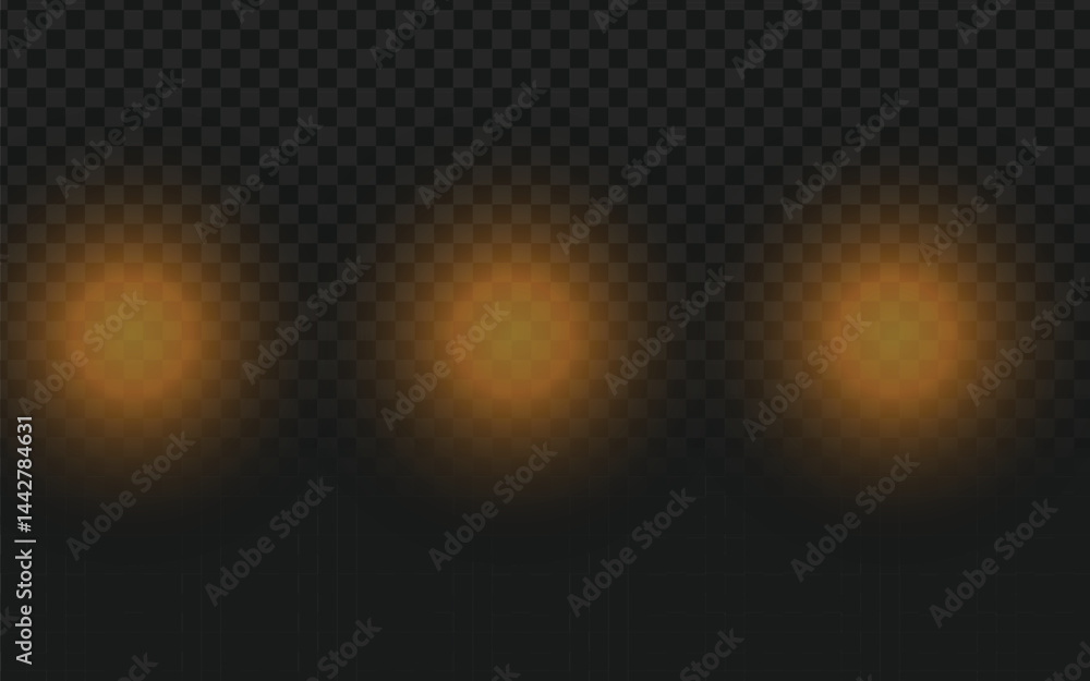 Poster three soft, glowing orange light orbs arranged horizontally against a transparent dark checkered bac