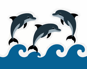 Obraz premium Three Playful Dolphins Leaping Ocean Waves: Cartoon Vector Illustration