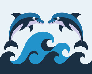 Fototapeta premium Playful Dolphins Leaping Ocean Waves: Cartoon Vector Illustration