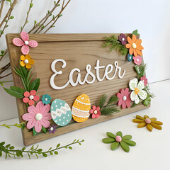Handmade Easter Sign with Flowers and Eggs - Spring Decor
