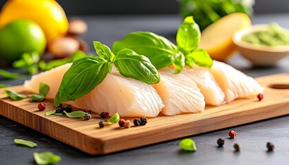 Fresh white fish fillets garnished with basil on a wooden cutting board, alongside peppercorns, herbs, and citrus fruits