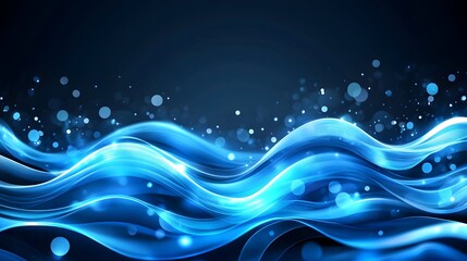 Glowing blue waves shimmer with light particles on a dark background