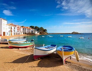 fishing boats on beach in sa tuna village with colorful houses on shore costa brava catalonia spain