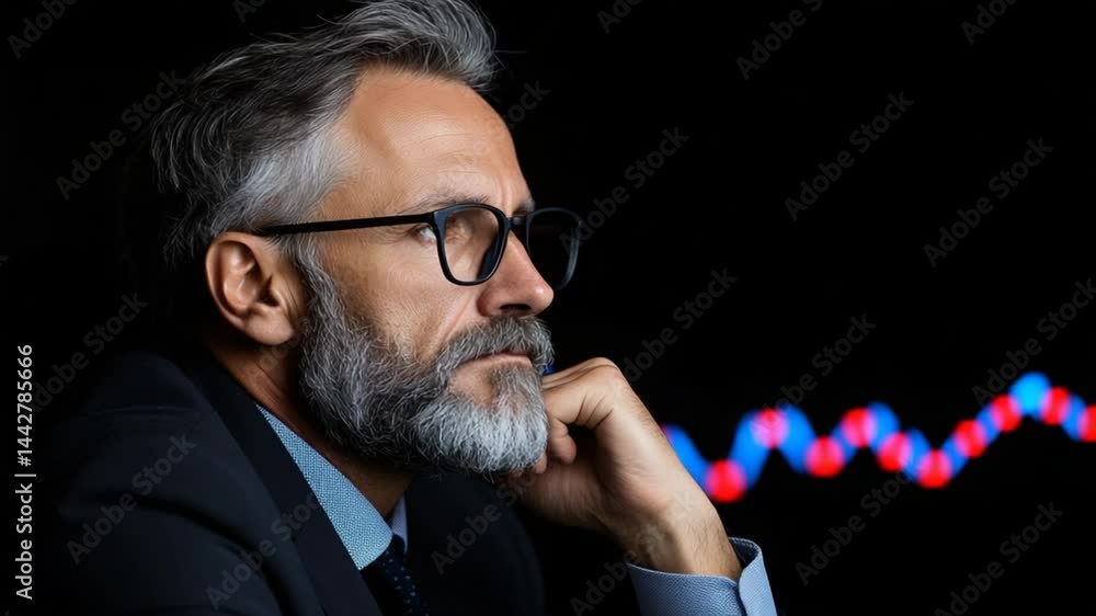 Poster pensive businessman reflecting on financial data in a dark environment with colorful graphs and char