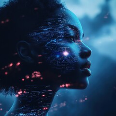 Futuristic digital world with advanced AI, robots, and cloud computing technology in a cyberpunk-style metaverse.