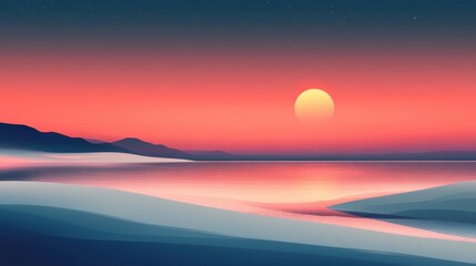 Serene Sunset Over Tranquil Water with Silhouetted Mountains and Soft Sand Dunes at Dusk