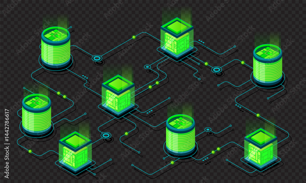 Poster isometric concept of big data processing. server energy station of future. network mainframe infrast