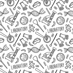 Seamless background with biology laboratory items, tools and microbe. Hand drawn line art ink science vector background