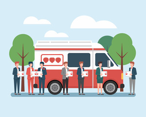 Team of Professionals Holding Love-Themed Tablets Near Red Van - Charity, Volunteer, Donation Concept Illustration