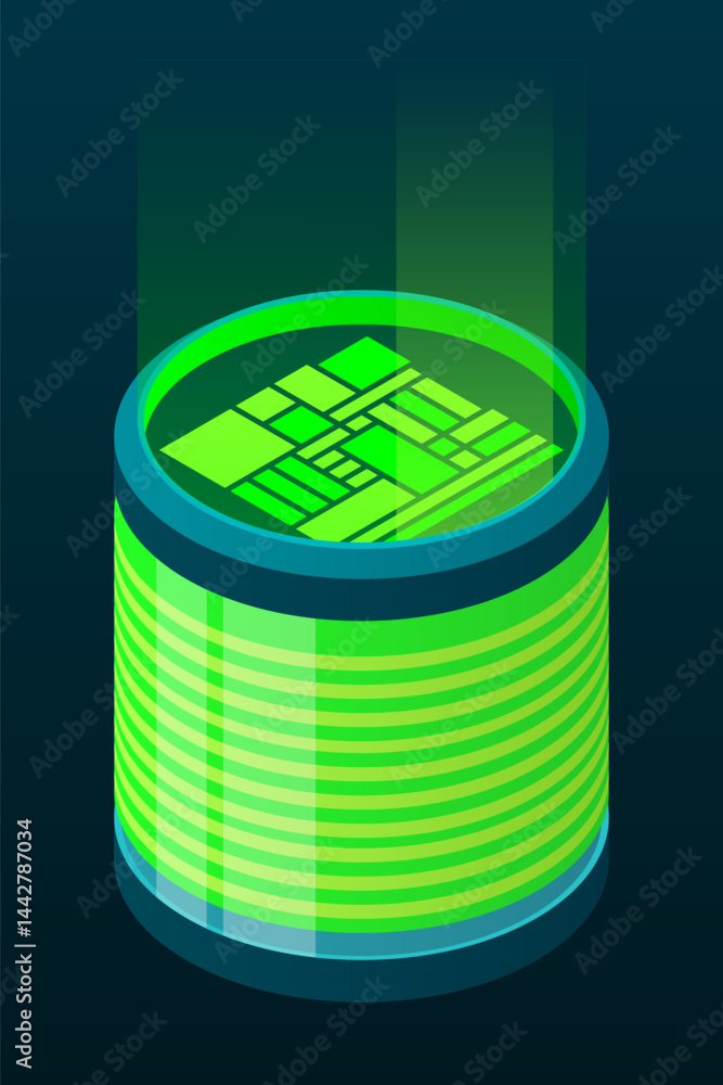 Poster isometric database. isometric futuristic server. big data isometric. cloud computing and file cloud 