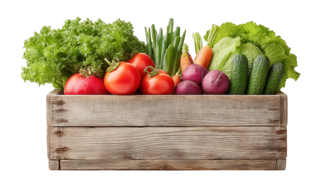 Freshly harvested vegetables in a wooden crate showcasing a variety of greens, tomatoes, cucumbers, and root vegetables, perfect for healthy cooking and meal preparation