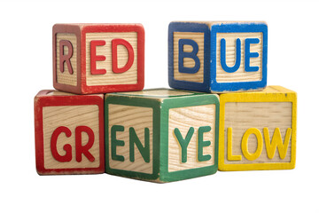 A cheerful set of colorful wooden alphabet blocks arranged in a fun stack. Each block features a bold letter and a bright primary color&mdash;red, blue, green, or yellow&mdash;crafted with a smooth wooden texture