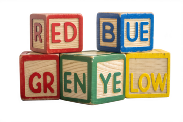 A cheerful set of colorful wooden alphabet blocks arranged in a fun stack. Each block features a bold letter and a bright primary color—red, blue, green, or yellow—crafted with a smooth wooden texture