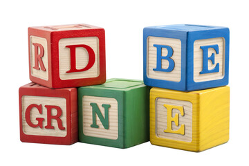 A cheerful set of colorful wooden alphabet blocks arranged in a fun stack. Each block features a bold letter and a bright primary color&mdash;red, blue, green, or yellow&mdash;crafted with a smooth wooden texture
