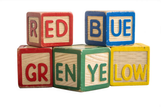 A cheerful set of colorful wooden alphabet blocks arranged in a fun stack. Each block features a bold letter and a bright primary color—red, blue, green, or yellow—crafted with a smooth wooden texture