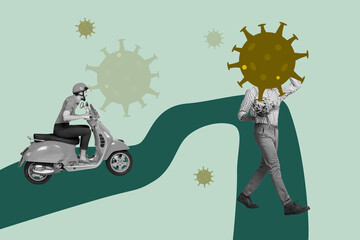 Creative sketch image art collage of anonym man carry bouquet instead head bacterium influenza...