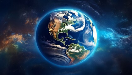 planet earth with detailed relief and atmosphere blue space background with earth and galaxy