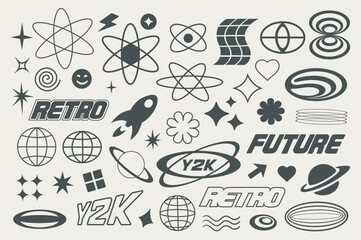Retro futuristic elements y2k style set in flat graphic design. Collection isolated symbols of black groovy stars, lightnings, atoms, cosmic rocket, planets, other figure shapes. Vector illustration.
