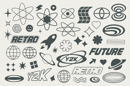 Retro futuristic elements y2k style set in flat graphic design. Collection isolated symbols of black groovy stars, lightnings, atoms, cosmic rocket, planets, other figure shapes. Vector illustration.