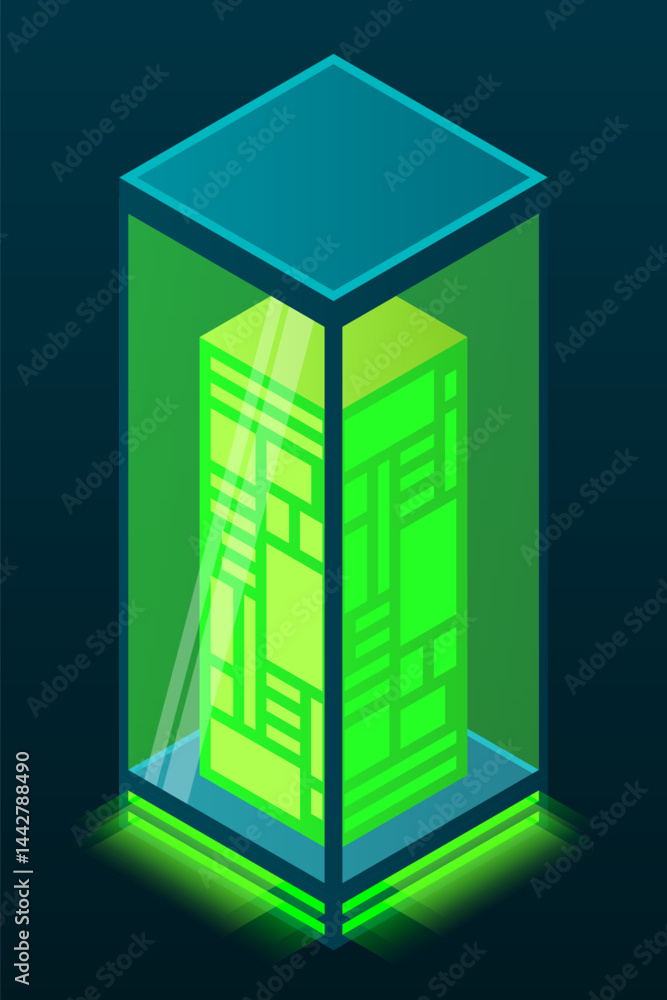 Poster isometric database. isometric futuristic server. big data isometric. cloud computing and file cloud 