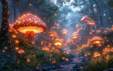 Fototapeta premium an enchanted forest with glowing mushrooms, magical creatures, misty ambiance, fantasy realism, ultrahigh detail, cinematic style