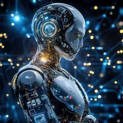 Futuristic digital world with advanced AI, robots, and cloud computing technology in a cyberpunk-style metaverse.