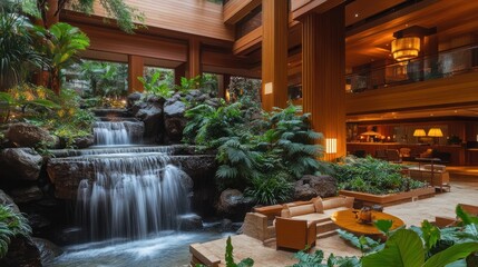 Fototapeta premium Luxurious hotel atrium with cascading waterfall. Lush greenery and comfortable seating