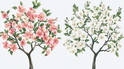 Fototapeta premium Beautiful hand-painted illustration of pink and white flowering trees against a light background