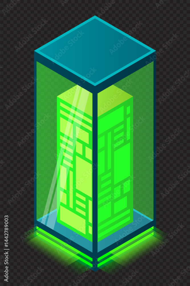 Poster isometric database. isometric futuristic server. big data isometric. cloud computing and file cloud 