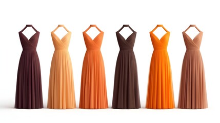 Six flowing maxi dresses in autumnal shades displayed on mannequins against a white backdrop