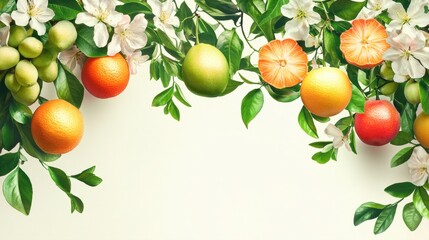 Vibrant Collection of Citrus Fruits Surrounded by Fresh Green Leaves and Delicate Blossoms on a Light Background