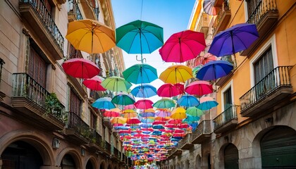 street decorated with colored umbrellas poble espanyol de montjuic traditional architectures in barcelona catalonia spain