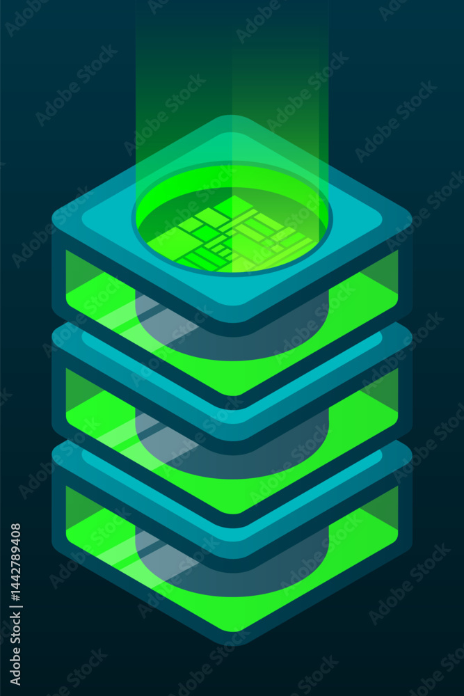 Poster isometric database. isometric futuristic server. big data isometric. cloud computing and file cloud 