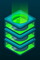 Isometric database. Isometric futuristic server. Big data isometric. Cloud computing and file cloud storage. Isometric technology