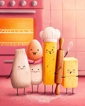 Naklejki A cartoon drawing of a group of food items, including eggs, bread, and butter
