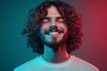 The portrait of a young Caucasian man, isolated on a neon-lit gradient background, captures a moment of disgust, representing themes of human emotion, youth, and sales in a beautiful, casual male