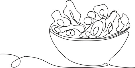 Continuous one line salad dish Illustration. One Continuous Outline Curve Hand Drawn Vegetable Nutrition Bowl Plate Sketch. Editable Vector Wavy Stroke. Flexible Drawn Line Form Trendy Modern Design.