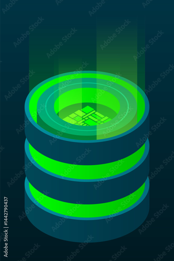 Poster isometric database. isometric futuristic server. big data isometric. cloud computing and file cloud 