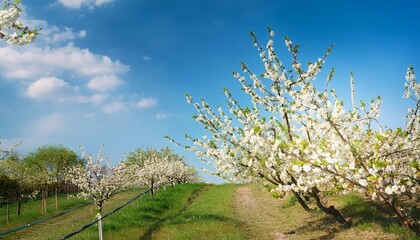 blossoming white plum tree in spring garden against the blue sky