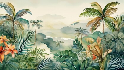 watercolor pattern wallpaper painting of a jungle landscape in vintage retro style
