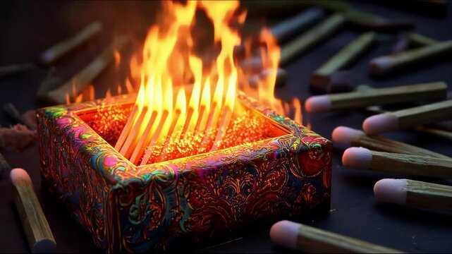 Burning matches in decorated box, danger fuel, bright flames