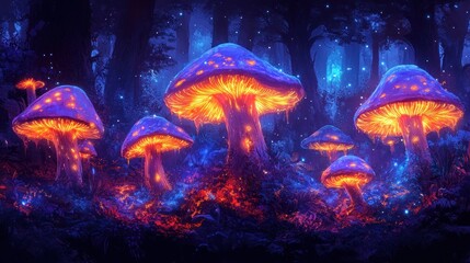 Naklejka premium Mystical glowing forest mushrooms